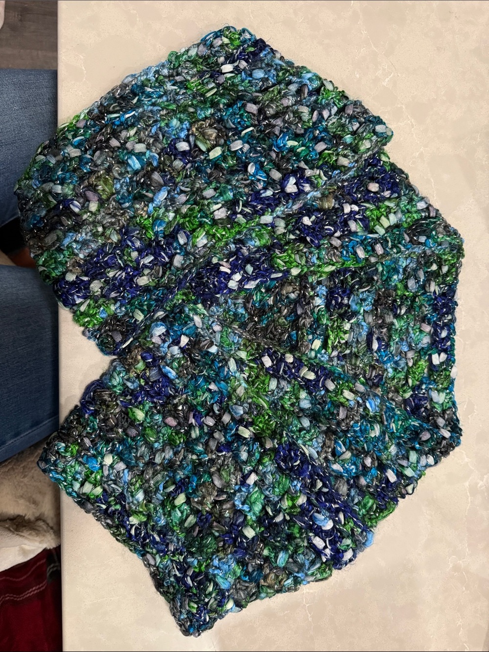 Handmade Chunky Knit Infinity Scarf in Blue, Green, Silver & Gray